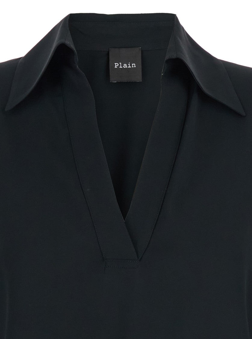 Plain Black Blouse With Polo Shirt Style Collar