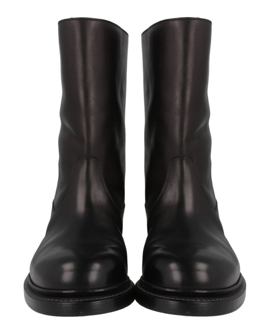 Brioni Mid-Calf Leather Boots With Faux Fur Lining And Stacked Heel