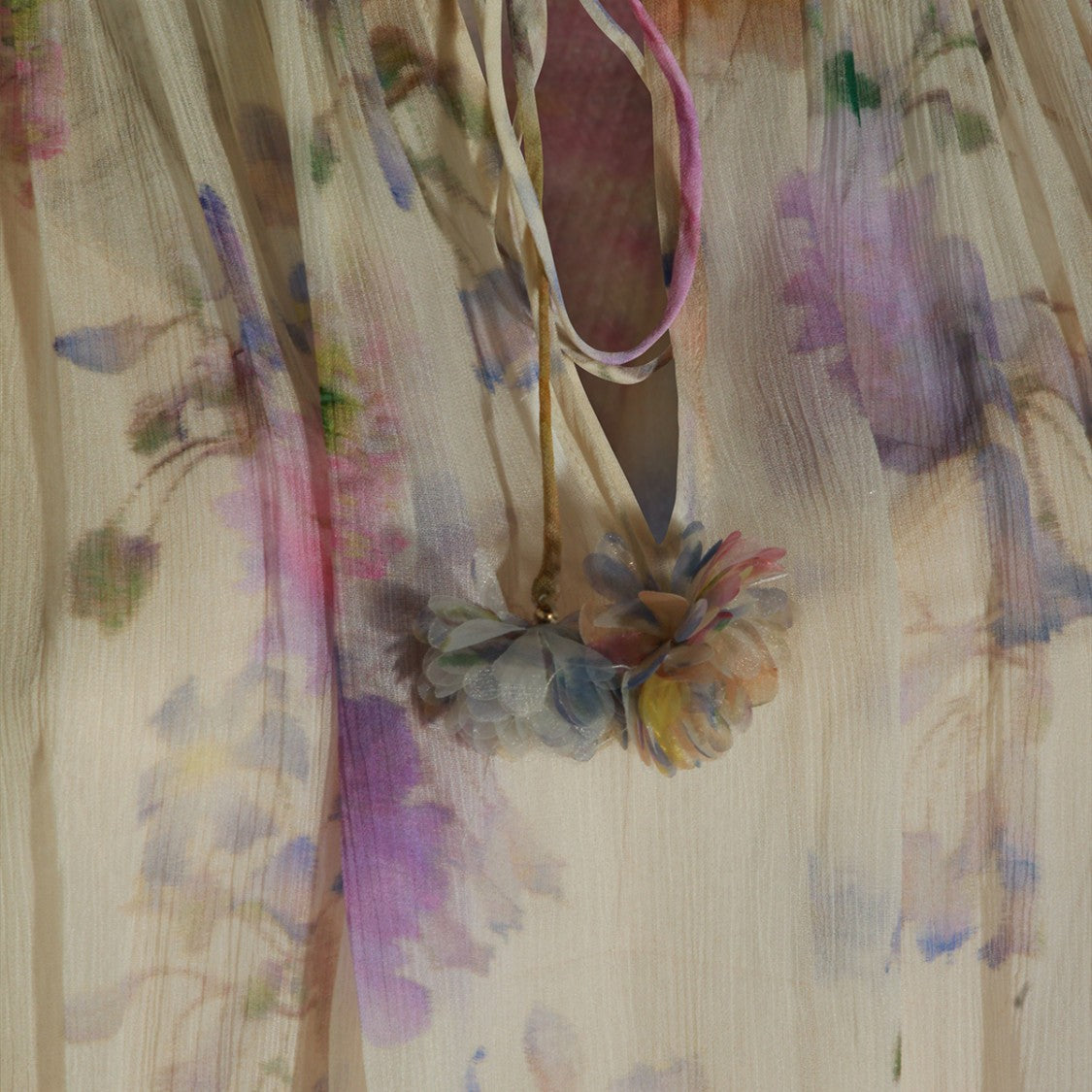 Zimmermann Sheer Floral Blouse With Gathered Neckline And Tie Closure