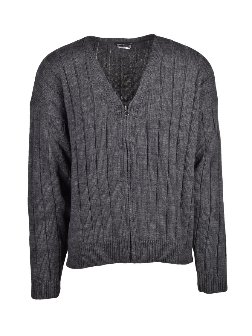 Daniele Alessandrini Grey Wool-Blend Zip V-Neck Cardigan