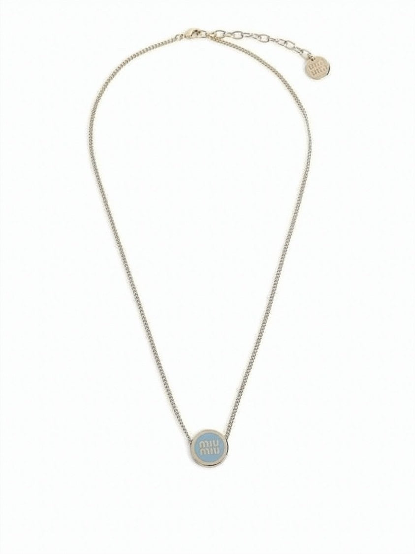 Miu Miu Gold-Tone Necklace With Light Blue Enamel Pendant