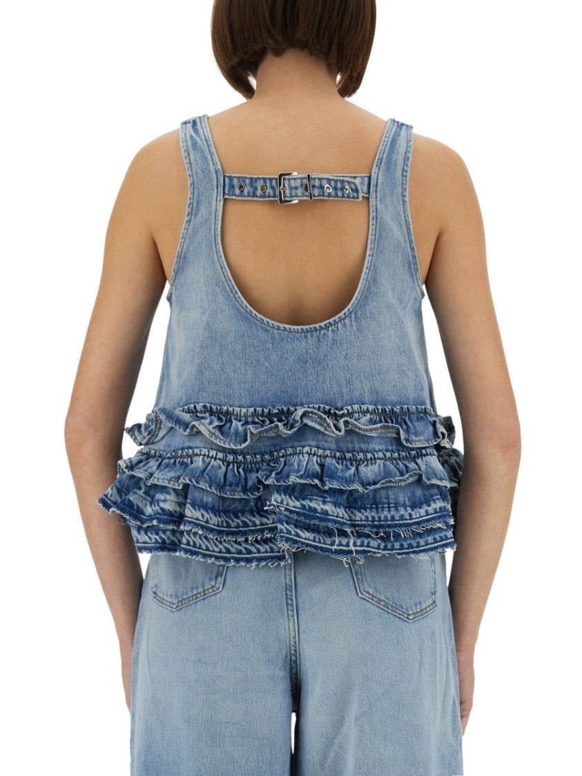 Ganni Denim Ruffle Top