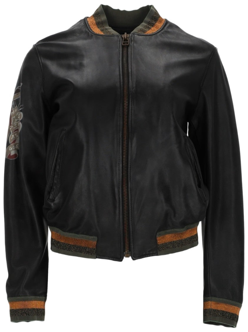 Mr & Mrs Italy Black Leather Bomber Jacket With Contrasting Ribbed Details