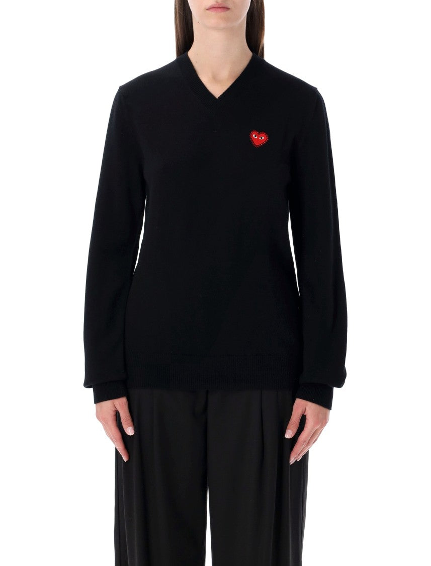 Comme Des Garçons Play Wool V-Neck Sweater With Red Heart