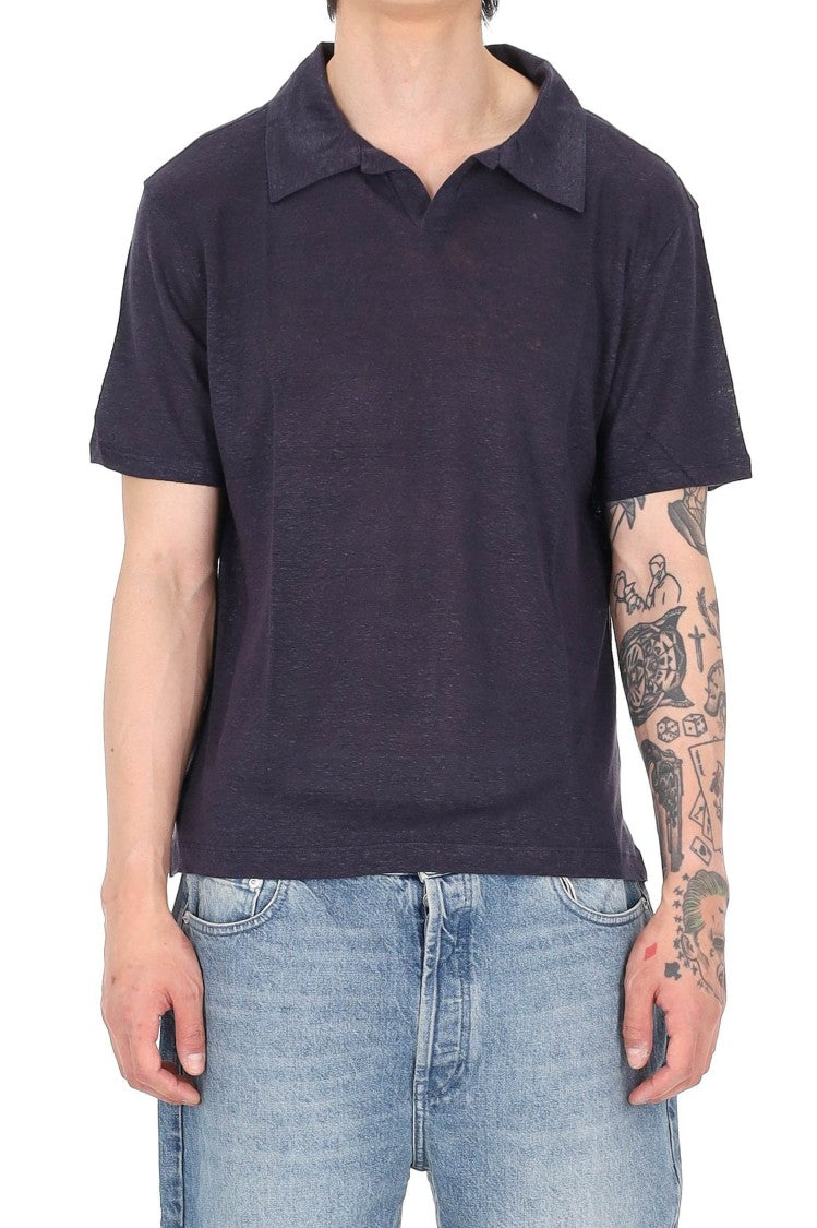 Officine Generale Simon Garment-Dyed Linen Open Collar Polo Shirt