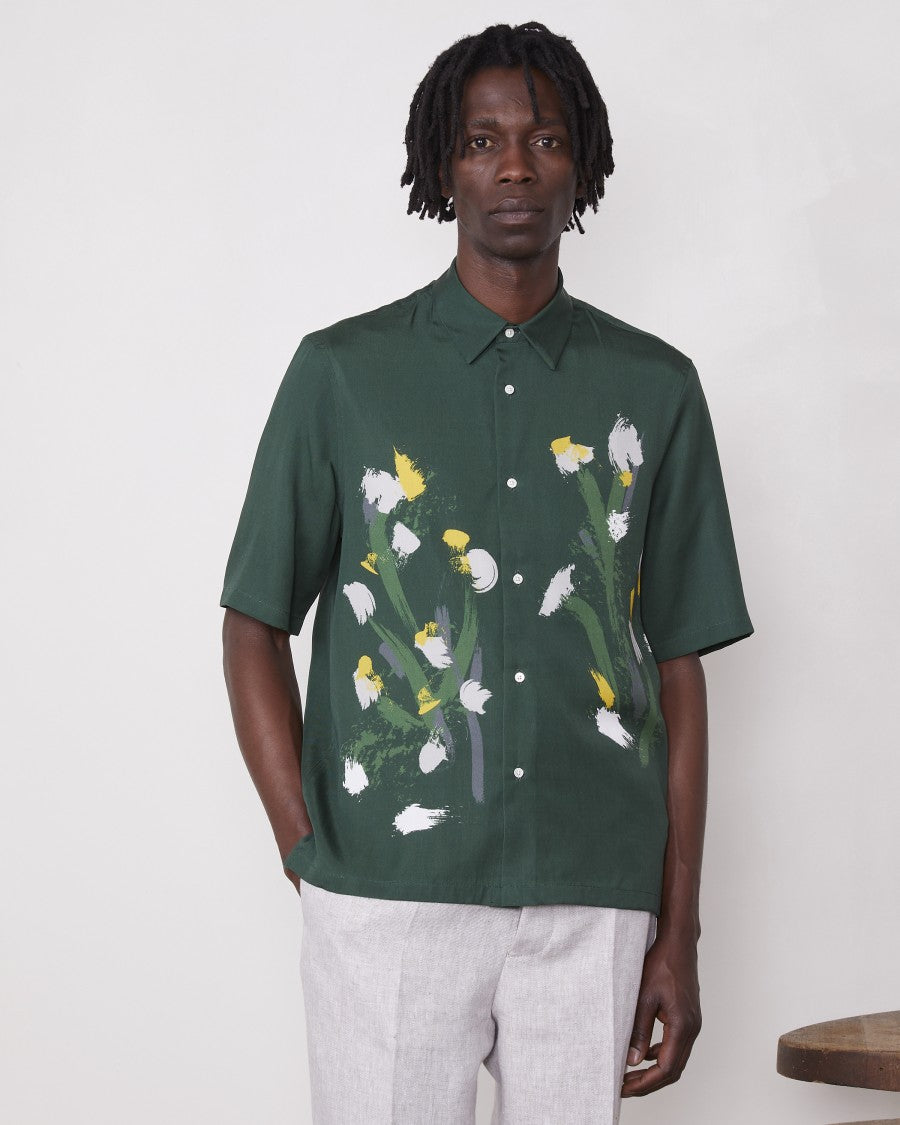 Officine Generale Short-Sleeved Satin Shirt With Watercolor Floral Motif