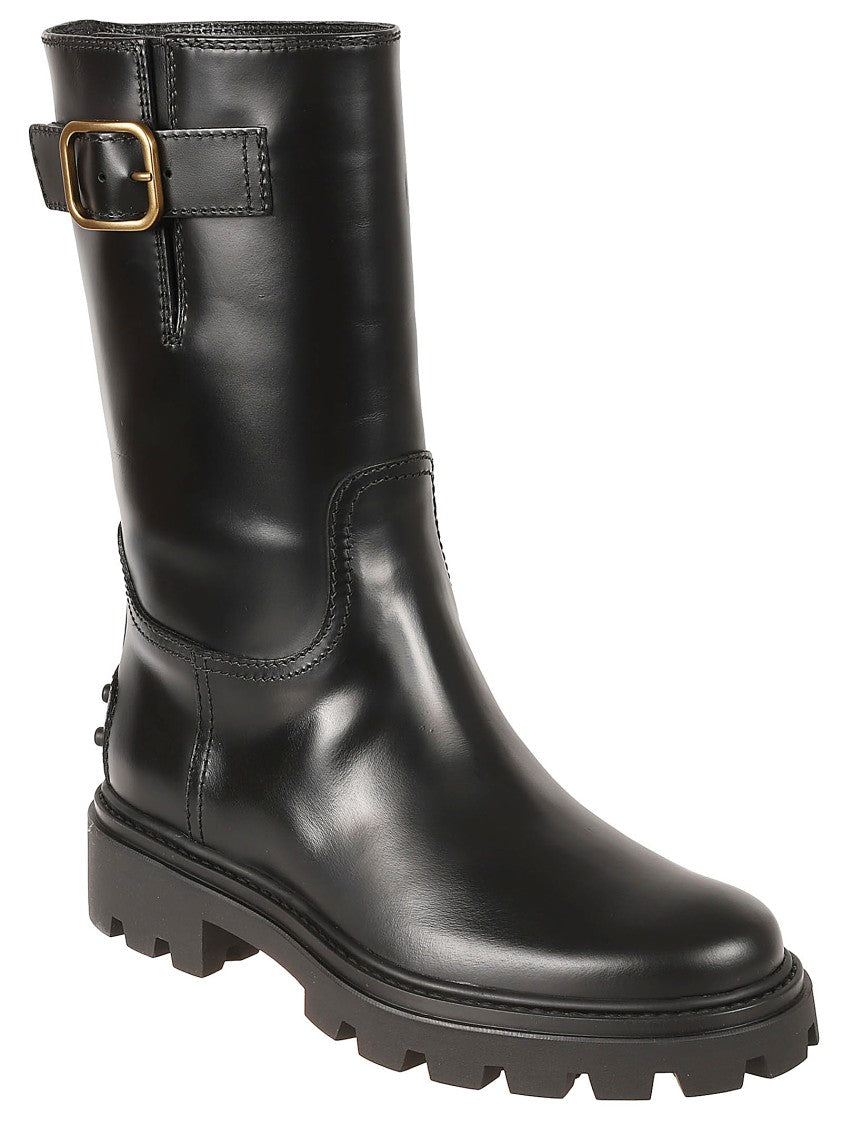 Tod's Calfskin Black Boots With Decorative Buckle