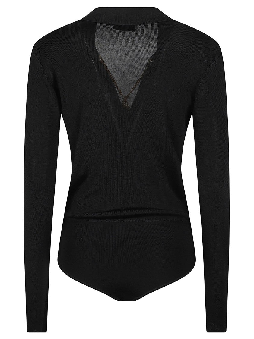 Elisabetta Franchi Long-Sleeve Chain Detail Viscose V-Neck Bodysuit