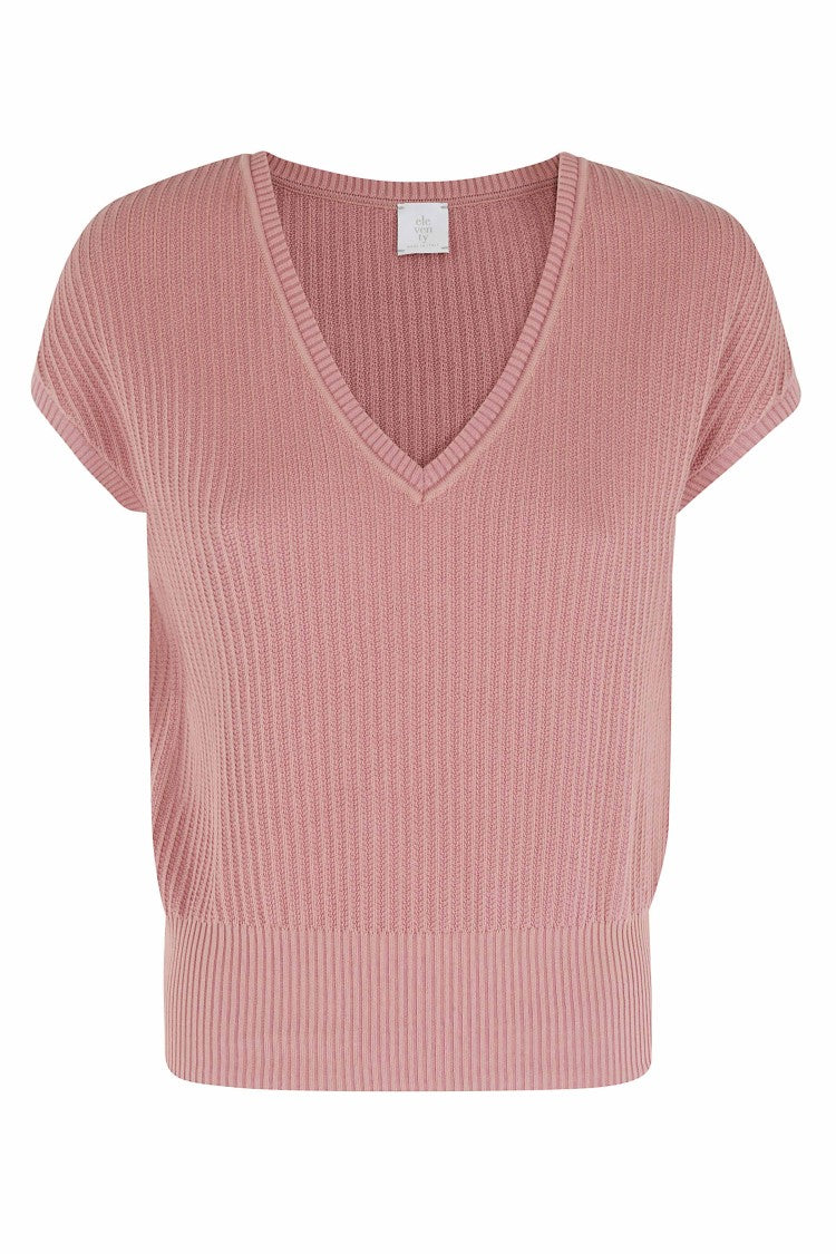 Eleventy Raspberry Pink V-Neck Sleeveless Mouliné Cotton Sweater