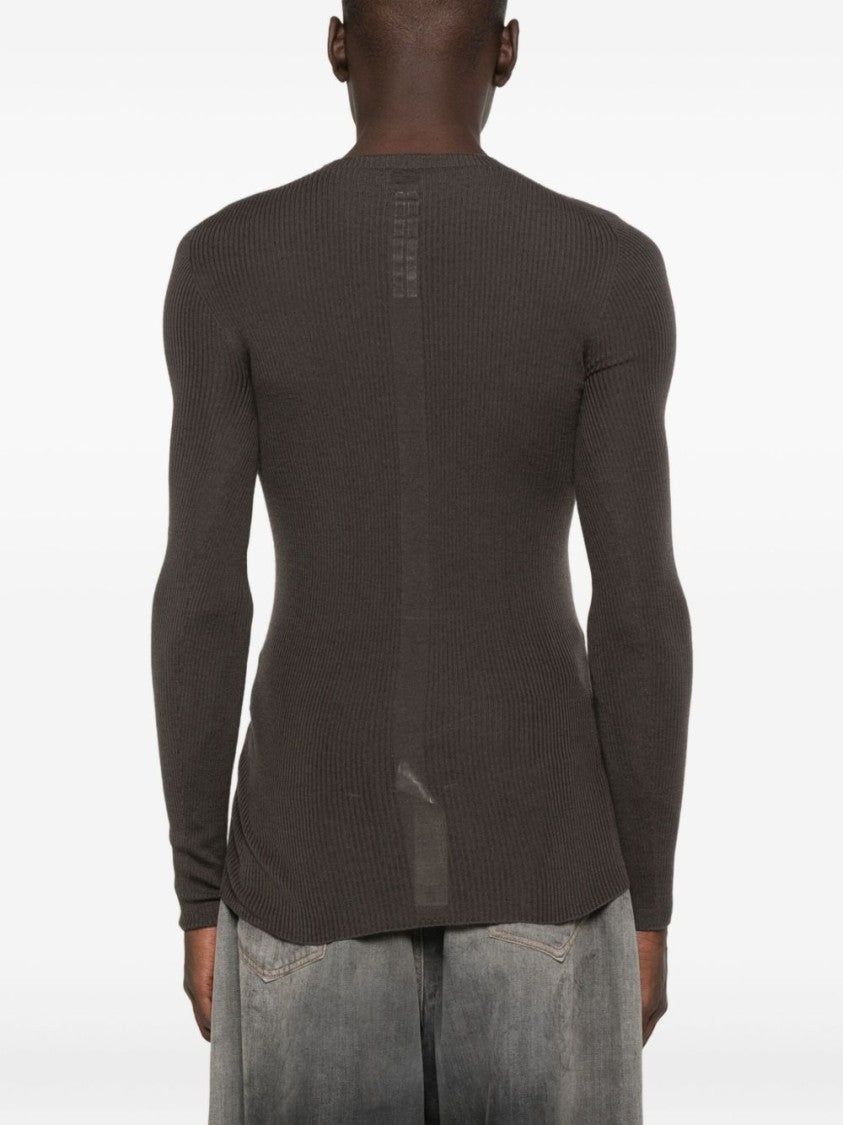 Rick Owens Slim Fit Ribbed Knit Sweater With Raw-Edged Hem