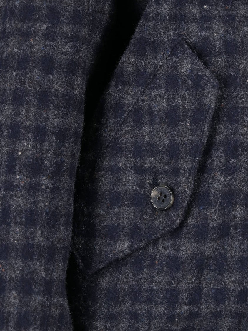 Dunst Blue/Grey Checkered Padded High-Collar Wool Jacket