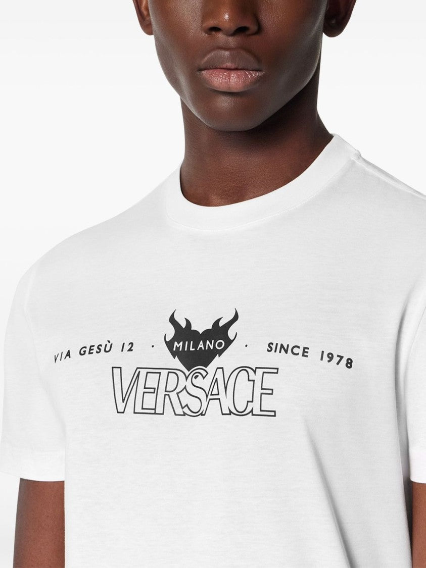 Versace White Graphic Print T-Shirt With Flame Motif