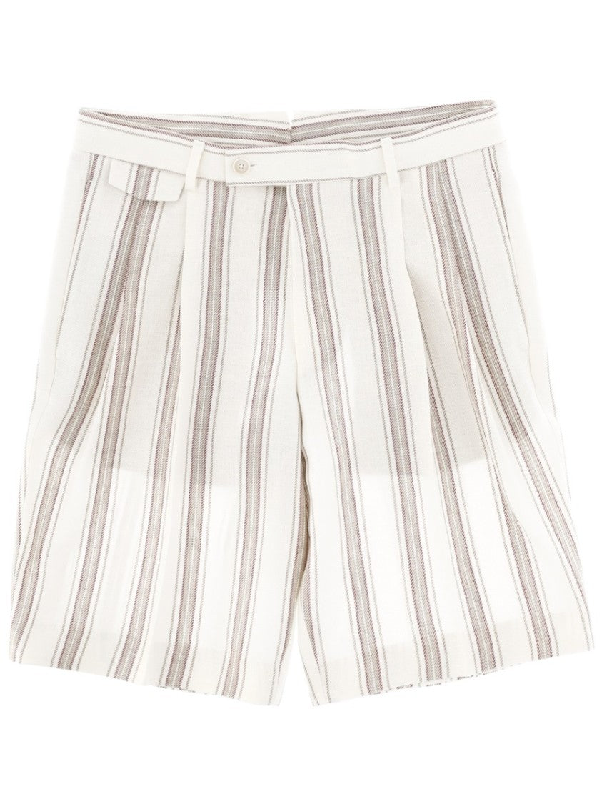 Boss Camel Neutral Vertical Stripes Tailored Linen Shorts