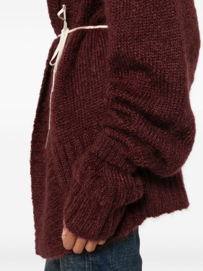 Dries Van Noten Burgundy V-Neck Oversized Cardigan With Layered Sleeves
