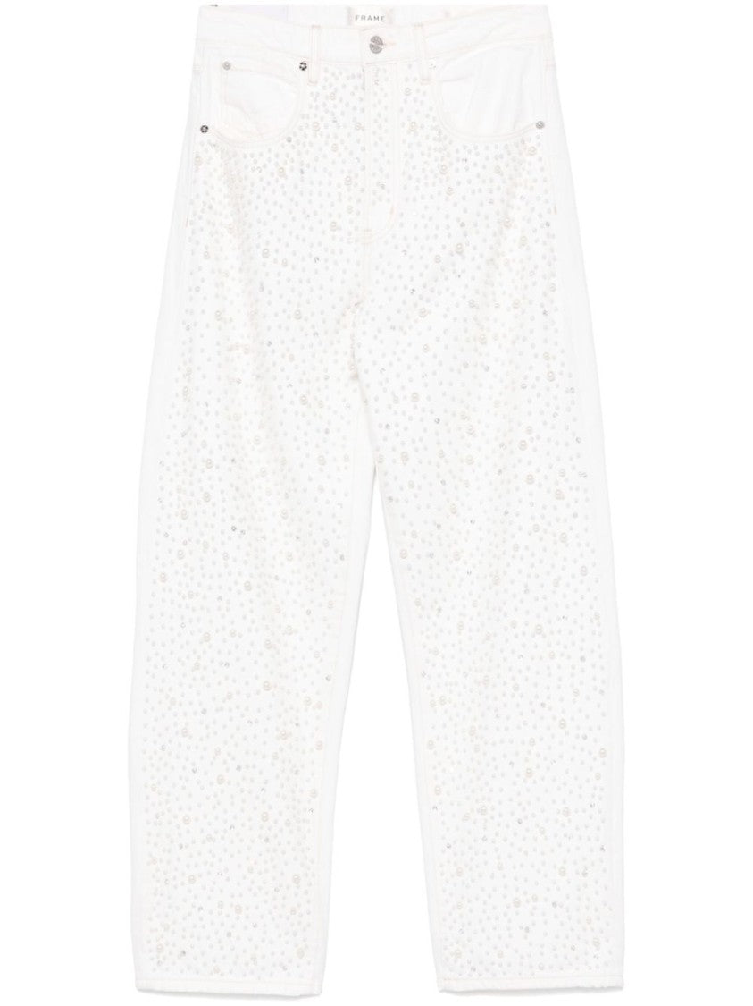 Frame Rhinestone-Embellished White Cotton Straight Jeans