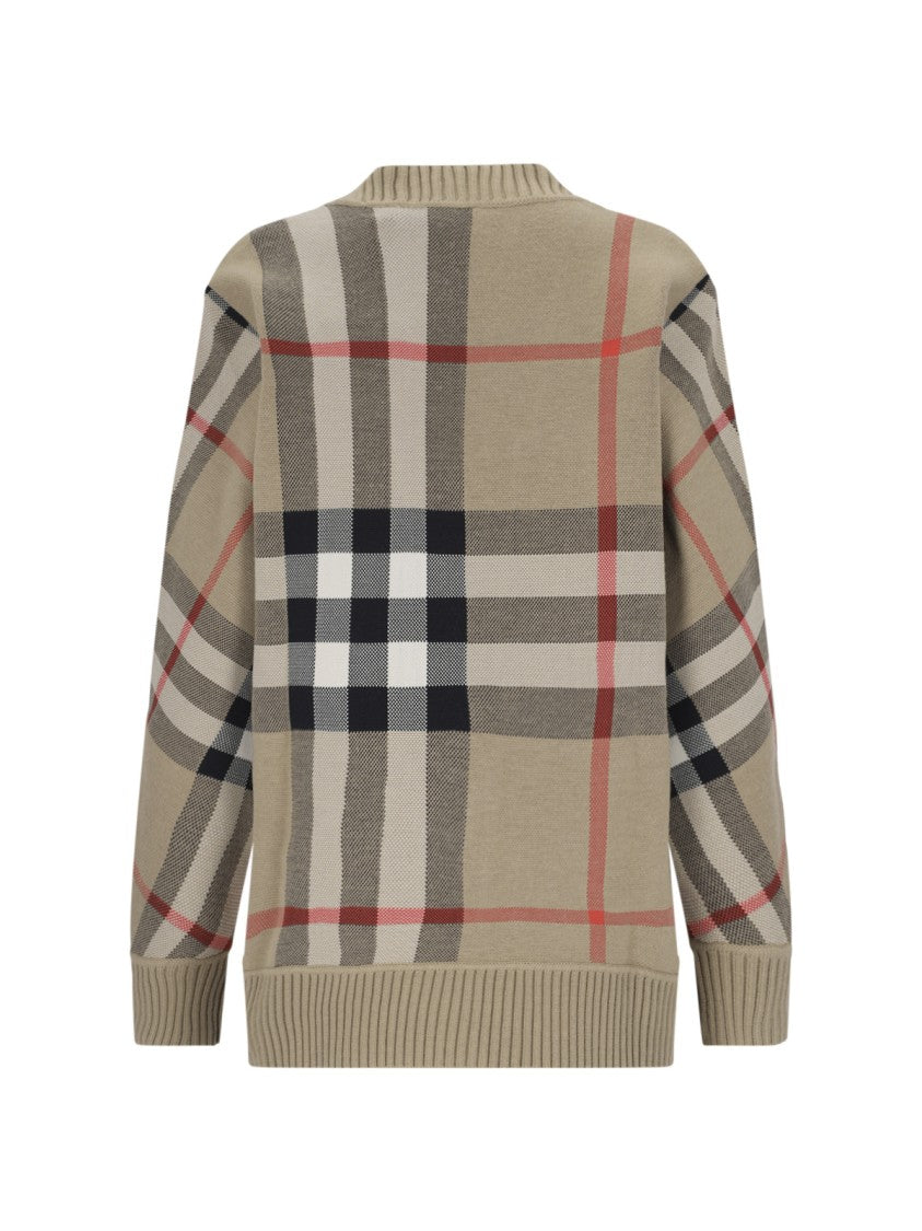 Burberry Beige Check Cardigan With Bold Stripe Detailing