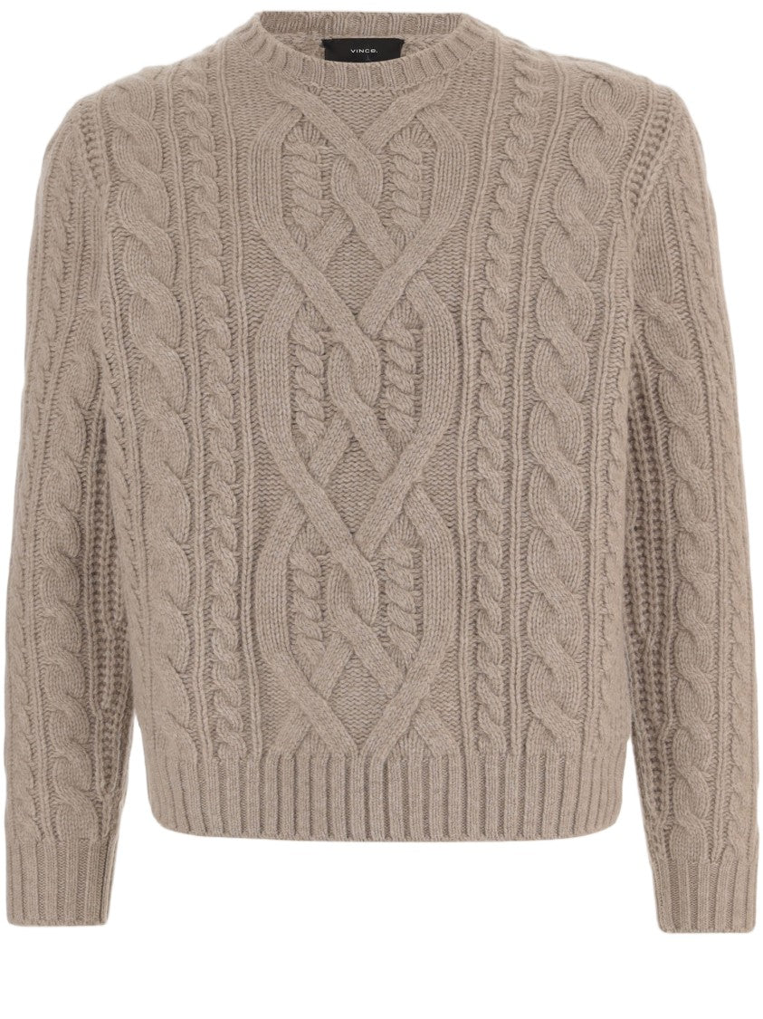 Vince Beige Cable Knit Crew Neck Wool Sweater