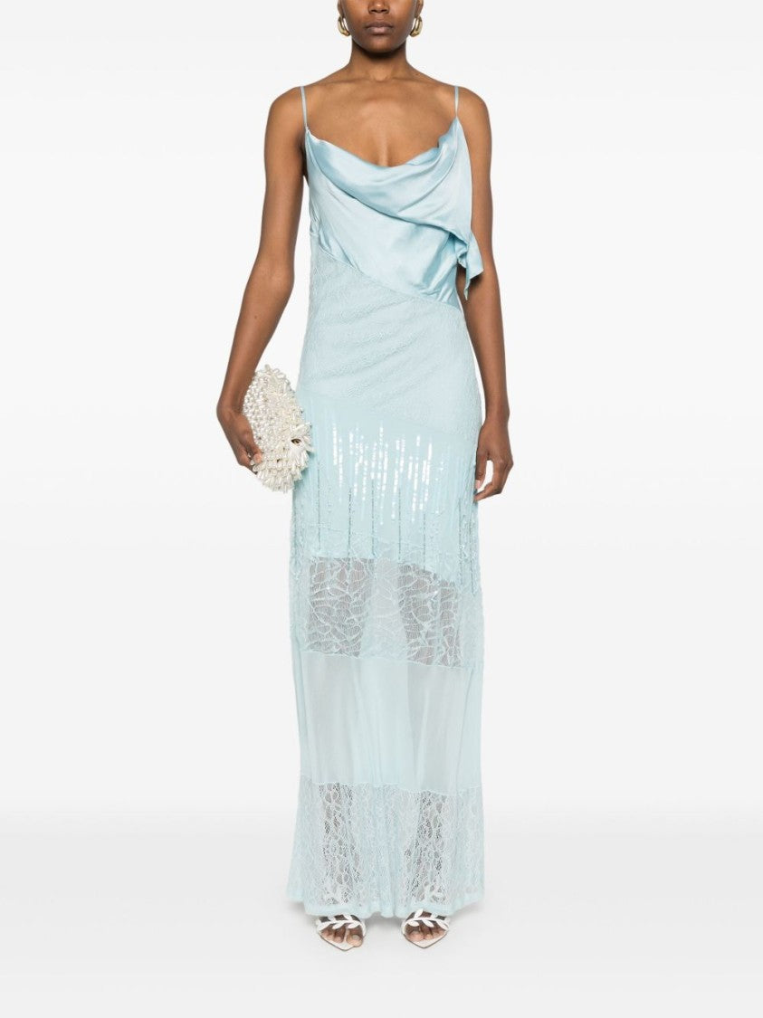 Pinko Celeste Draped Maxi Dress With Lace And Sequin Accents