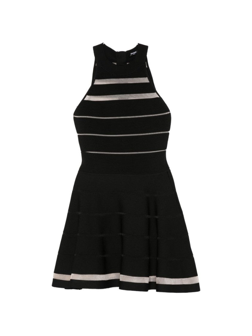 Balmain Sleeveless A-Line Dress With Ribbed Bodice And Striped Accents