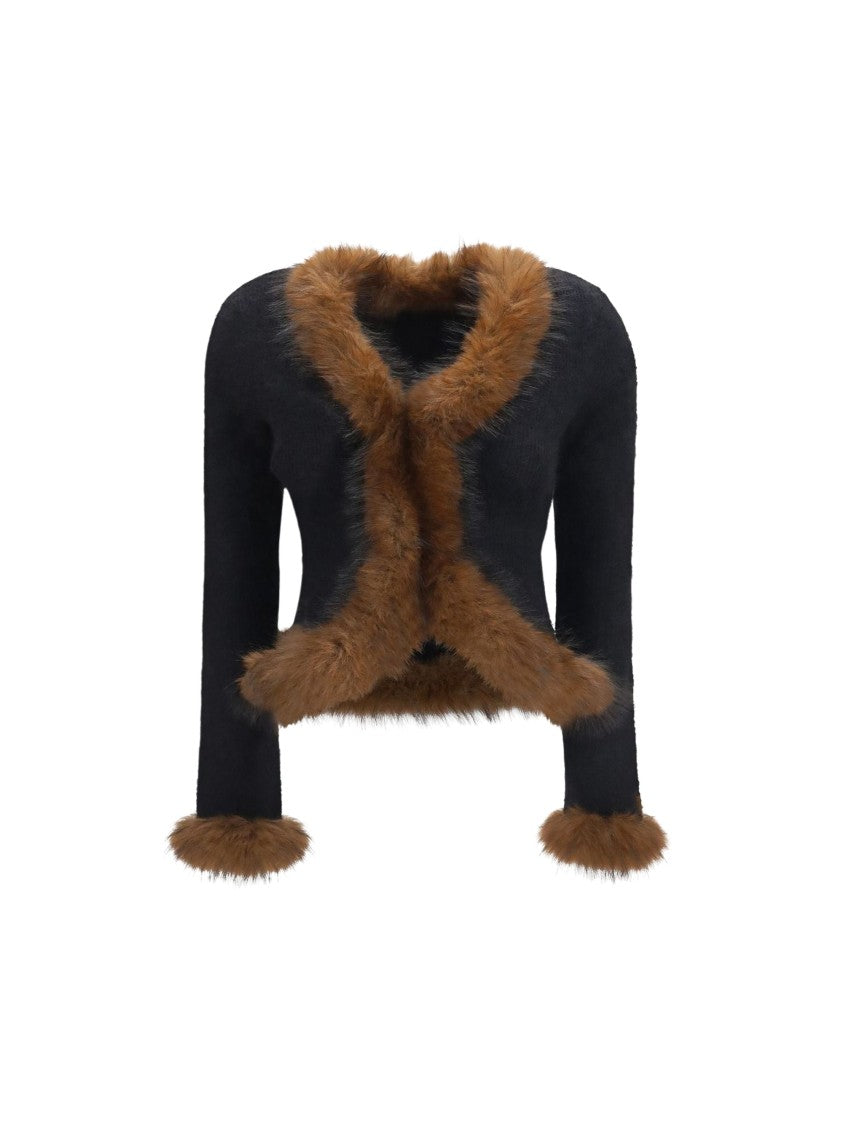 Self-Portrait Brown Faux Fur Trim Cropped Cardigan