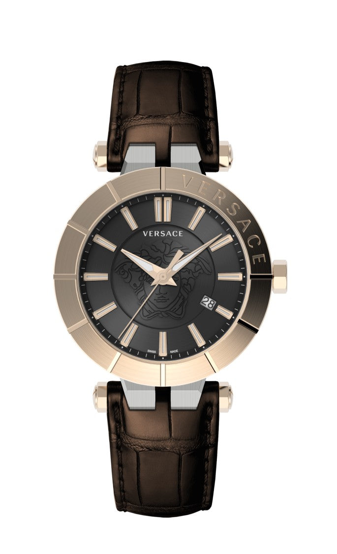 Versace V-Race Timepiece With Black Dial And Textured Leather Strap