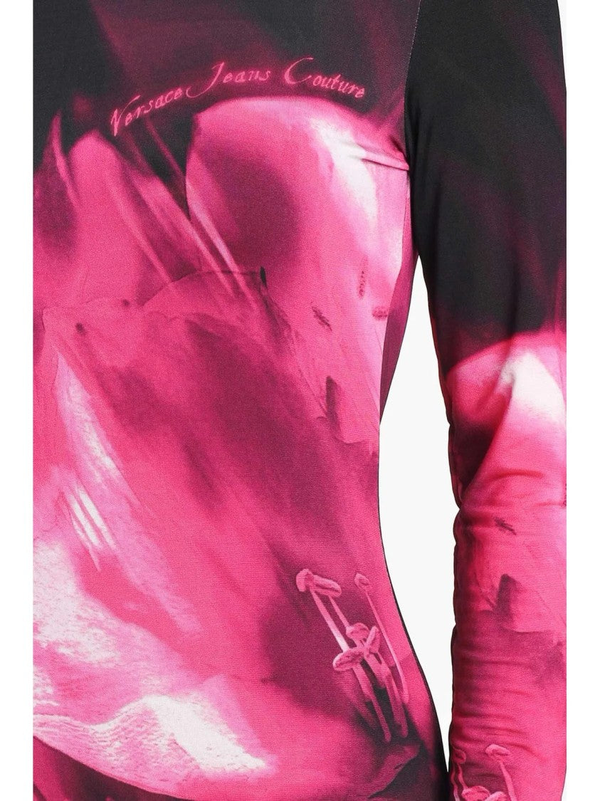 Versace Jeans Couture Body-Hugging Midi Dress With Vibrant Fuchsia Accents