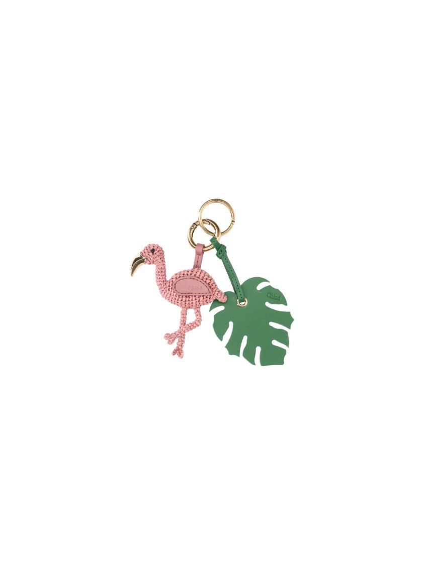 Chloé Pink Symbols Flamingo Raffia Keychain