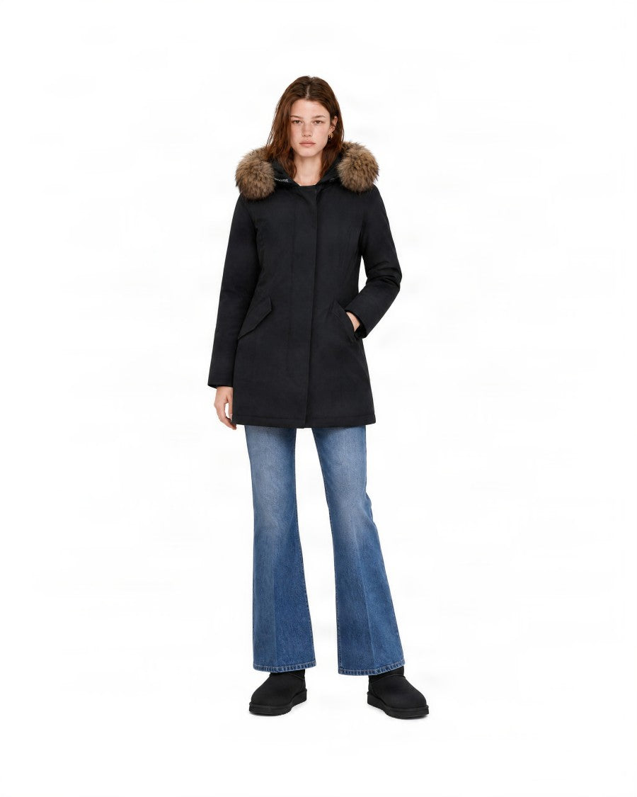 Woolrich Mid-Length Parka With Raccoon Fur Trim And Zip Closure