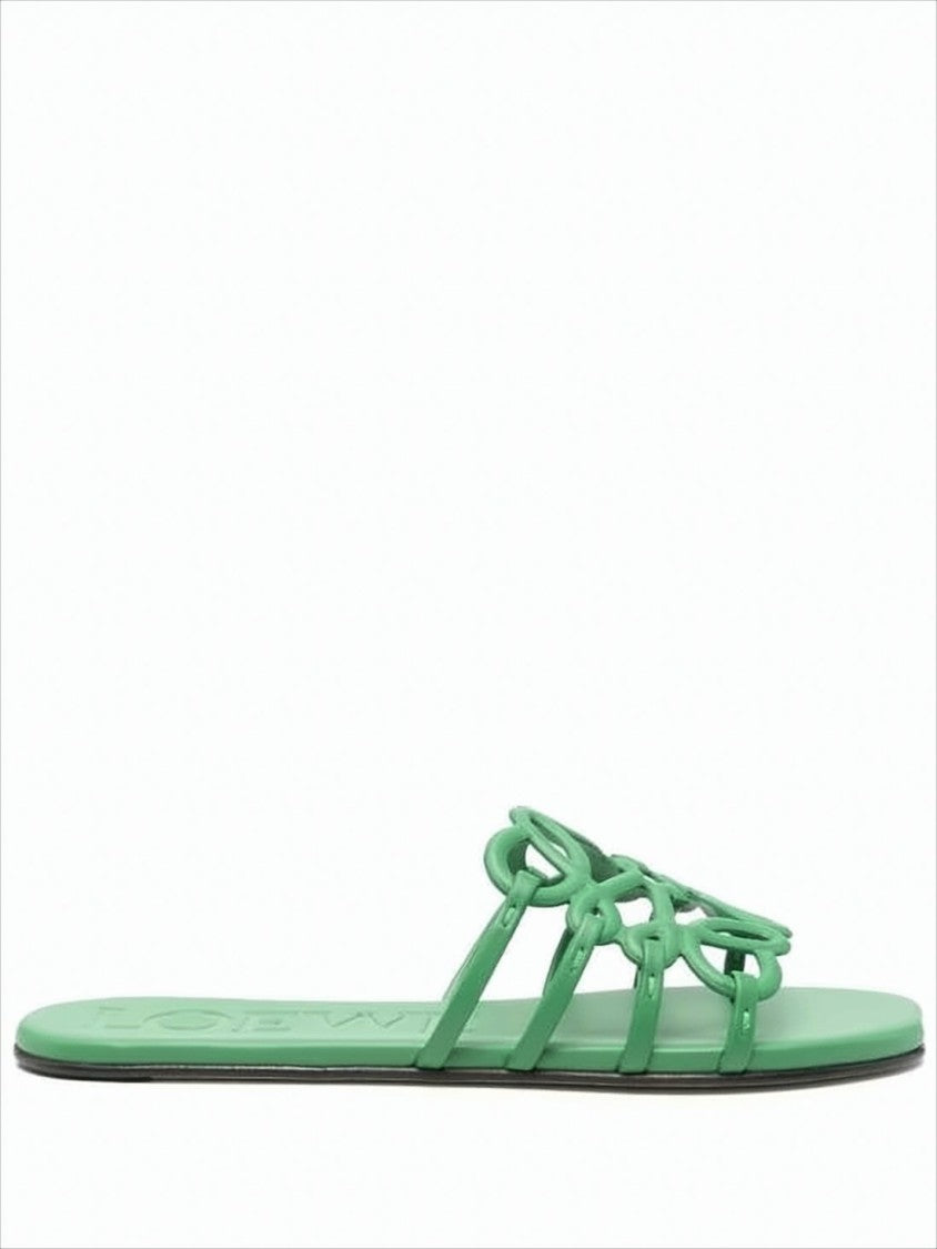 Loewe Intricate Loop Strap Green Calf Leather Slide Sandals