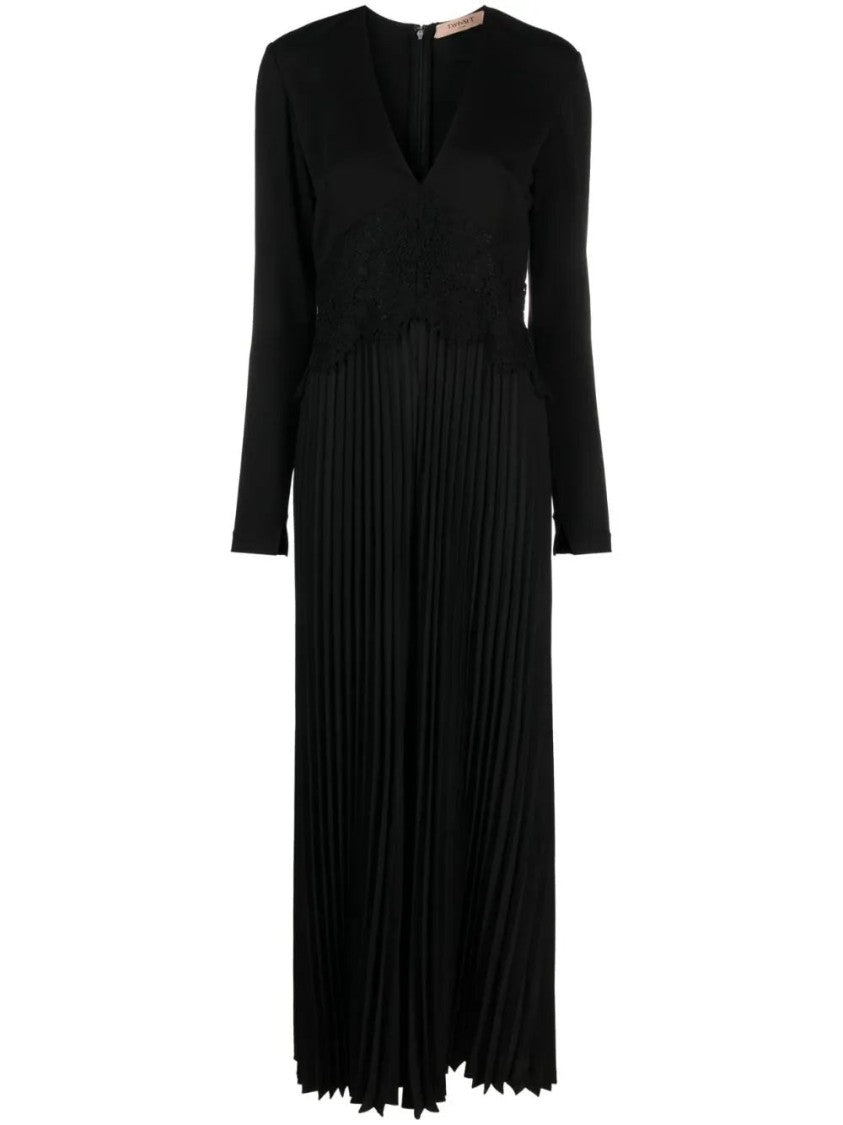 Twin-Set Deep V-Neck Maxi Dress With Pleated Skirt