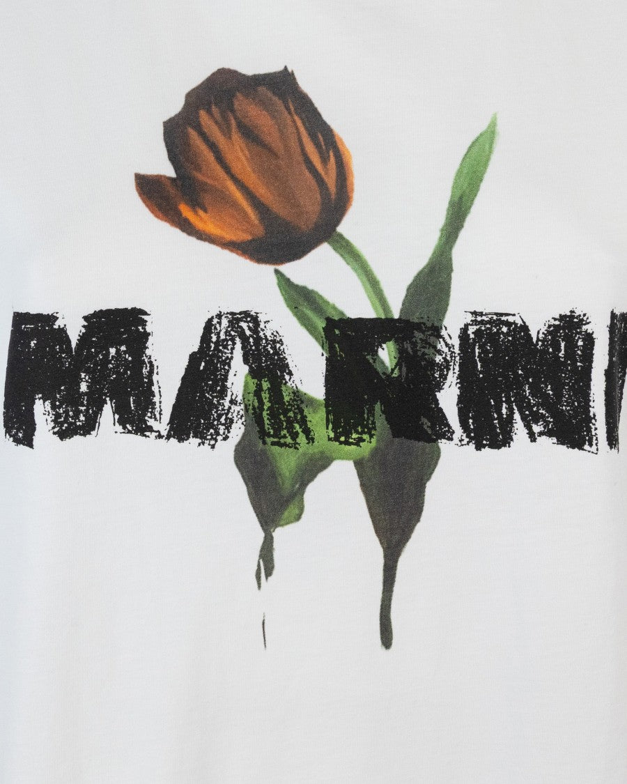 Marni White Cotton T-Shirt With Tulip Print