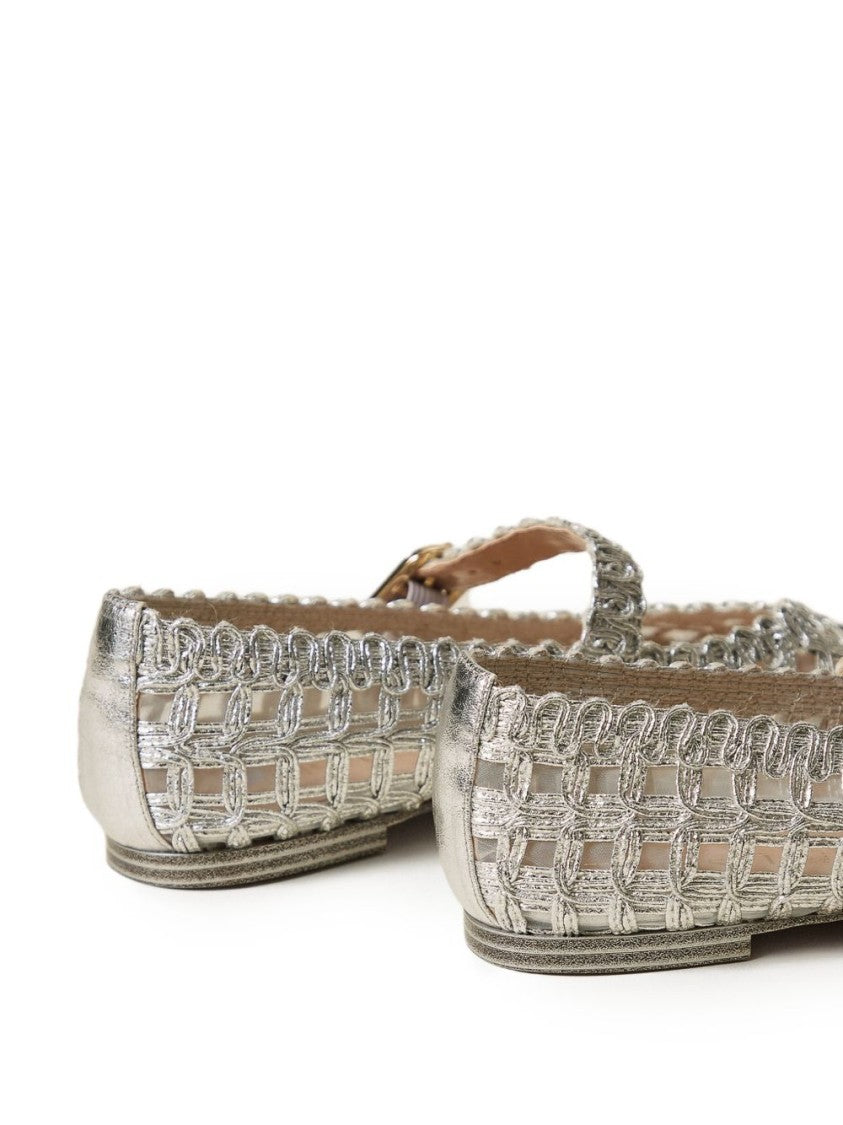 Twin-Set Silver-Tone Woven Design Flat Shoes With Buckle Fastening