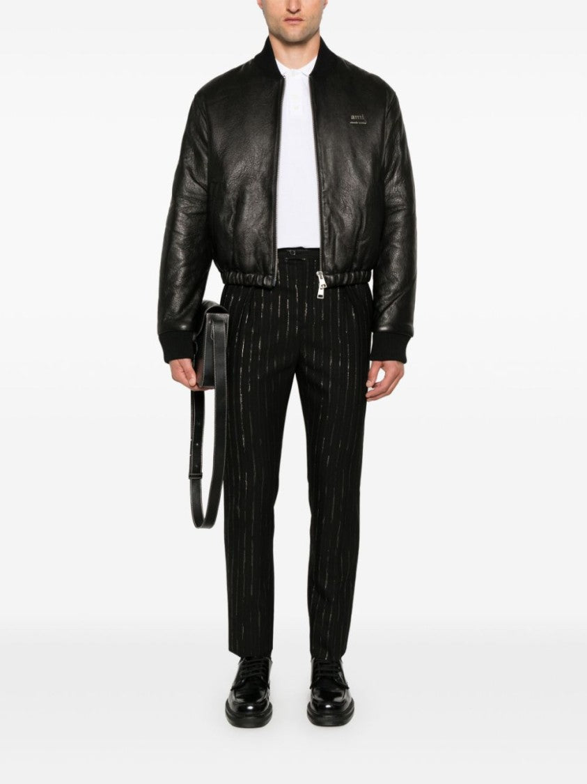 Ami Paris Collarless Black Calf Leather Jacket