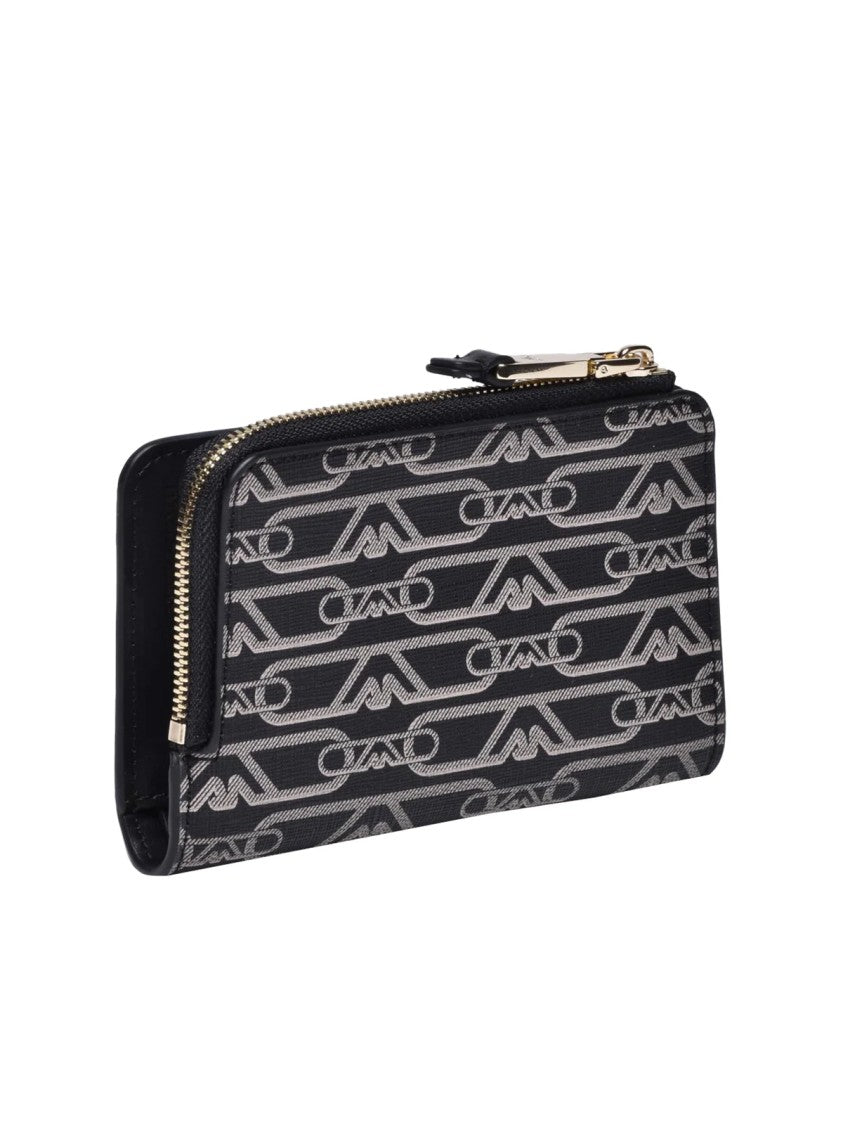 Emporio Armani Black Beige Patterned Polyester Zip Wallet