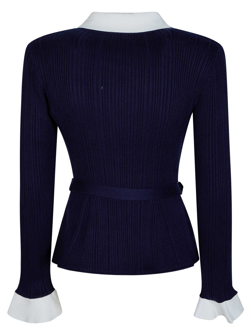Self-Portrait Navy Ribbed Knit Pearl Cardigan