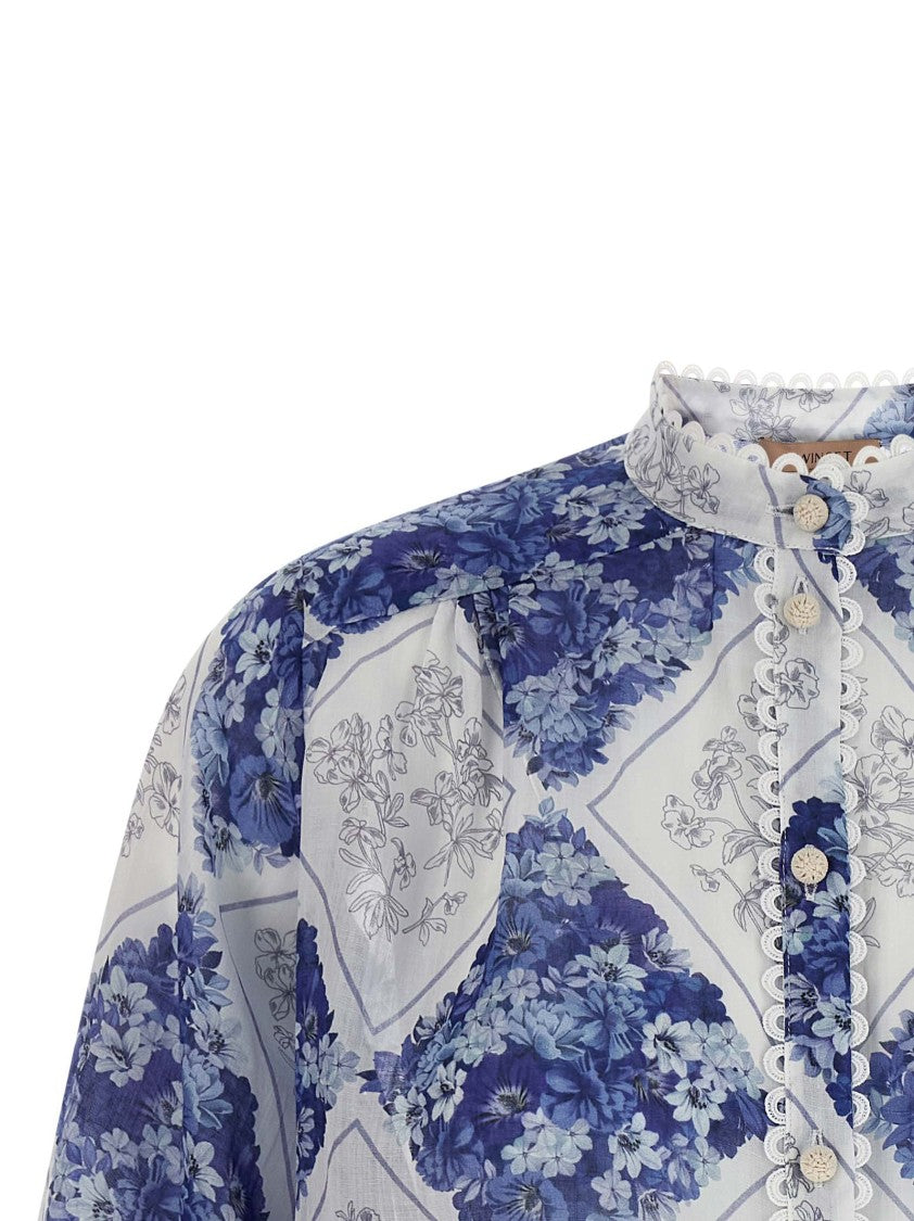 Twin-Set Floral Print Ramie Shirt With Balloon Sleeves And Mandarin Collar