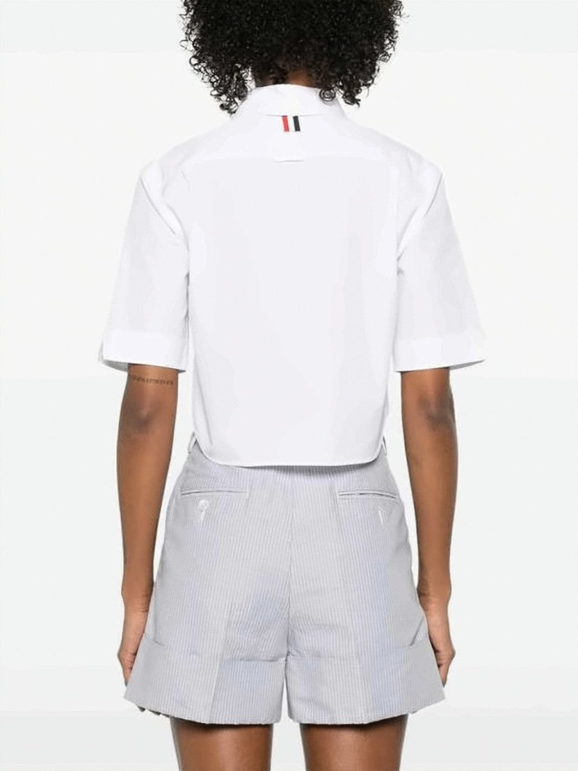 Thom Browne Cropped Short Sleeve Oxford Shirt With Classic Collar