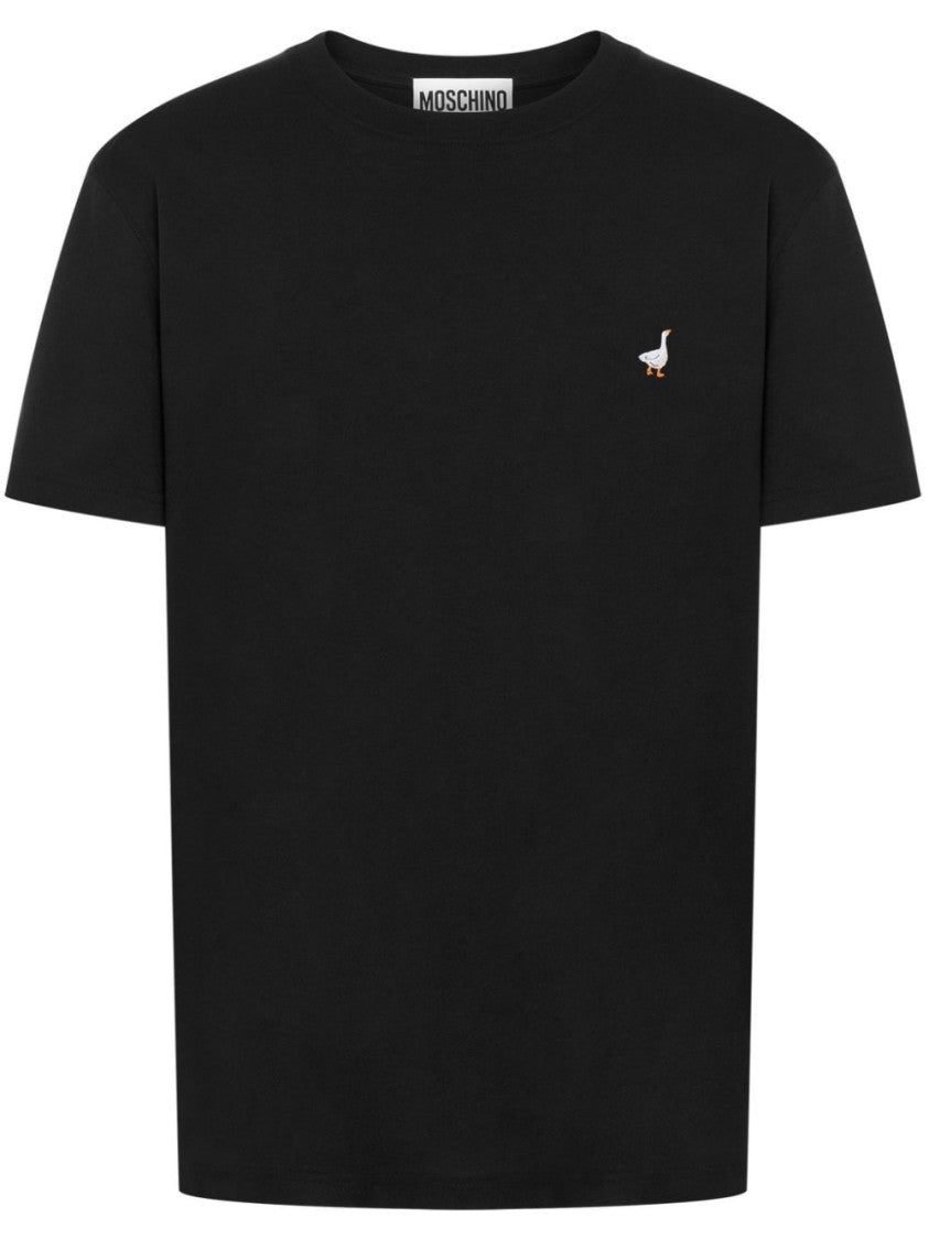 Moschino Black Embroidered Duck Cotton Jersey T-Shirt