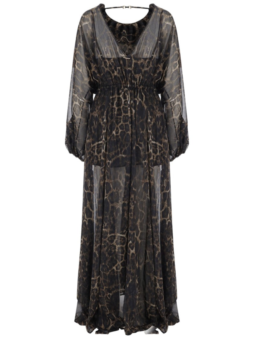 Just Cavalli Dark Animal Print Midi Dress With Sheer Sleeves And Ruffle Details
