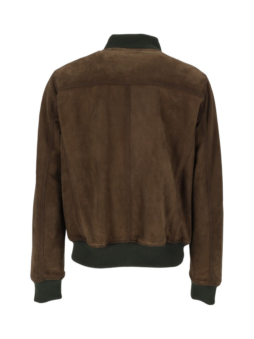 Stewart Suede Bomber Jacket With Knit Collar And Button Closure
