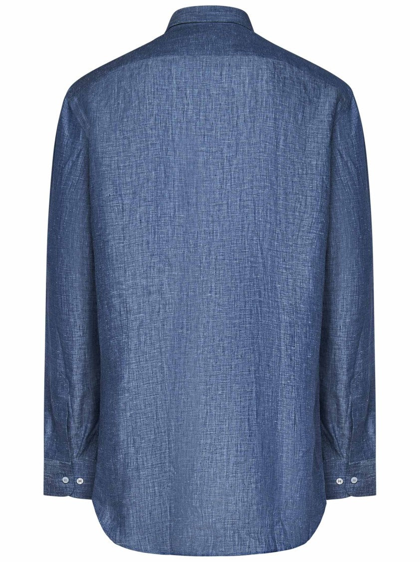 Etro Tailored Blue Linen Shirt With Logo Embroidery
