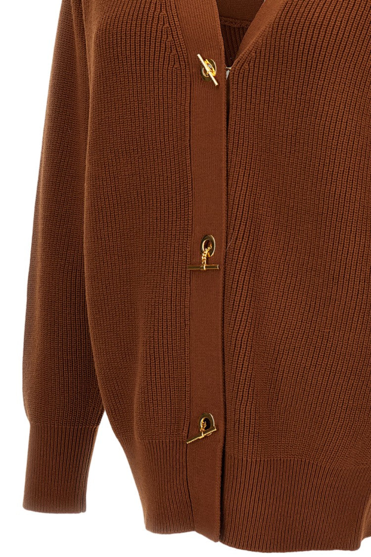 Elisabetta Franchi Brown Rib-Knit Gold Toggle Cardigan