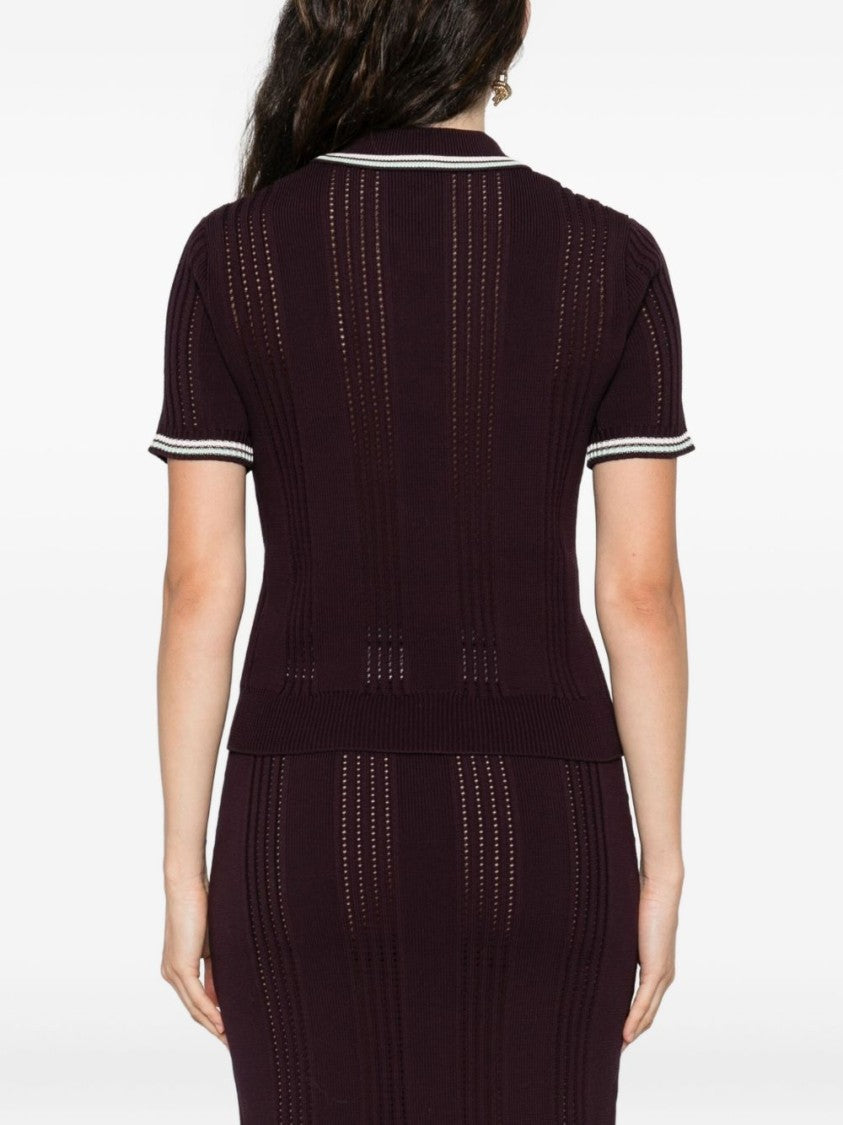 Casablanca Short-Sleeved Knit Polo With Vertical Open-Knit Stripes