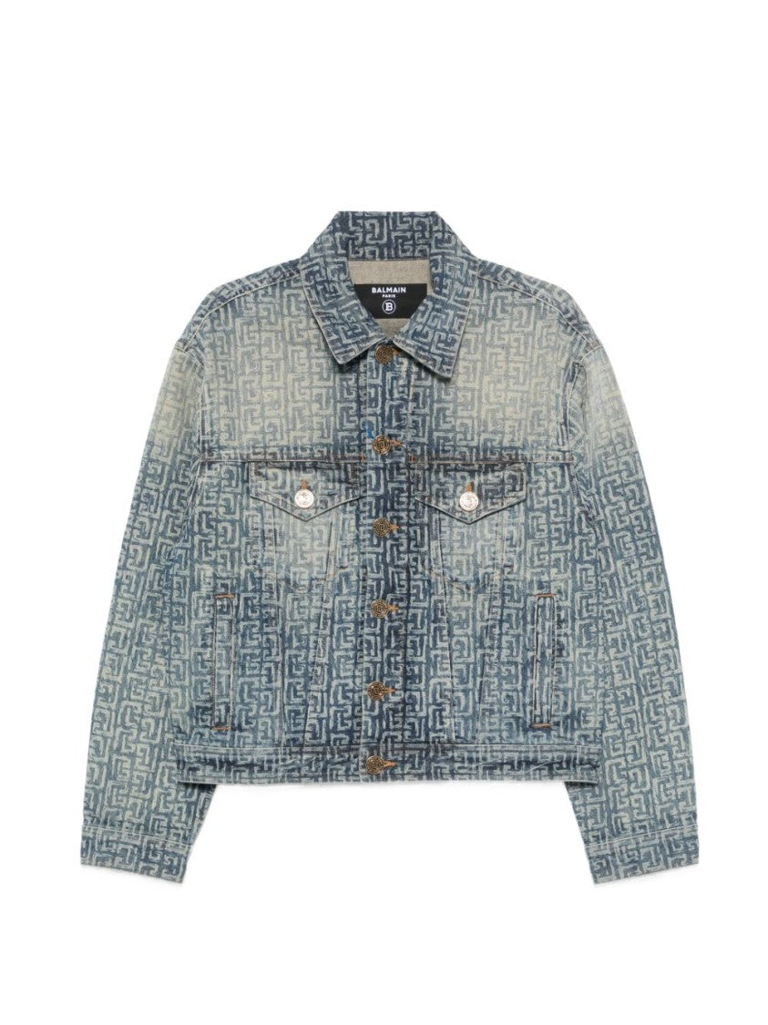 Balmain Faded Blue Monogram Denim Zip Jacket