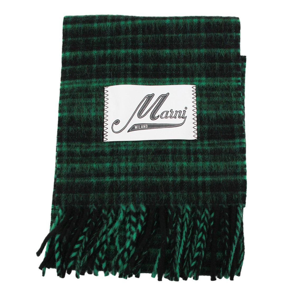 Marni Checkered Green Scarf With Fringed Edges And Stylized Patch