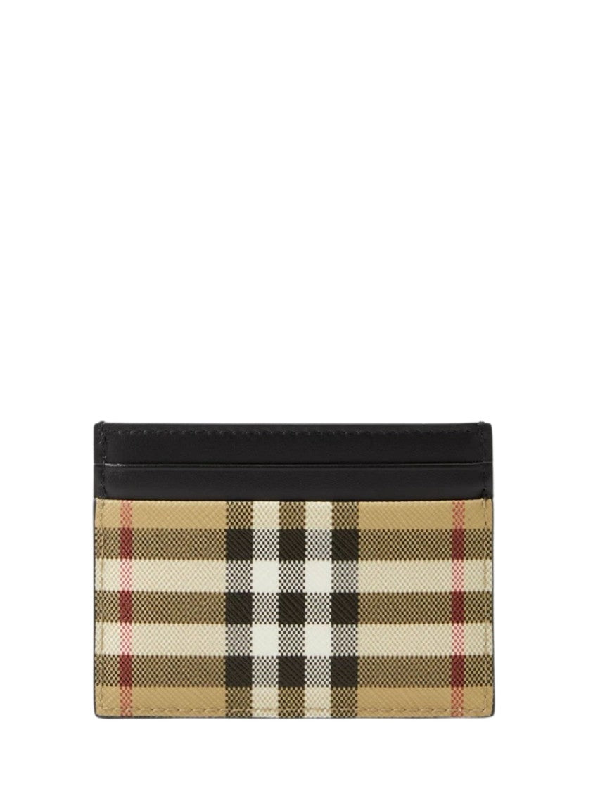 Burberry Beige Check Card Holder With Brown Leather Trim