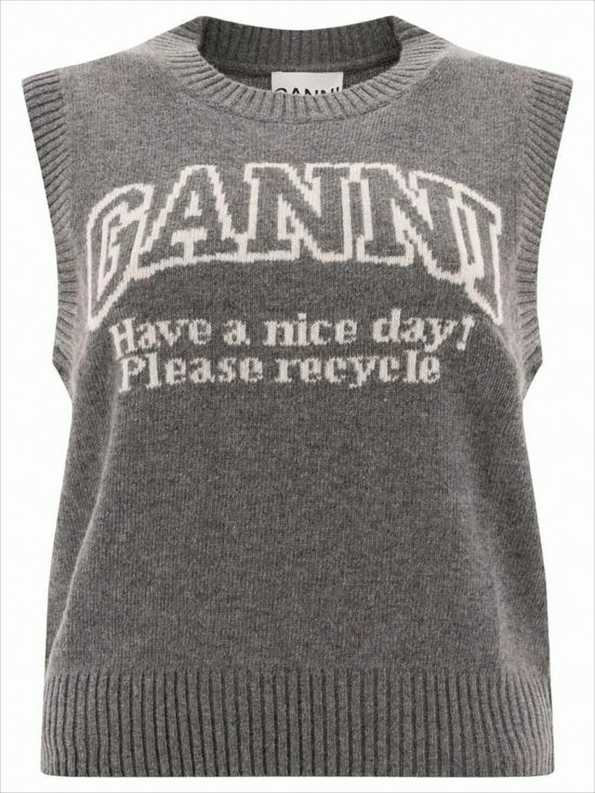 Ganni Heathered Grey Knit Vest With Bold Graphic Text