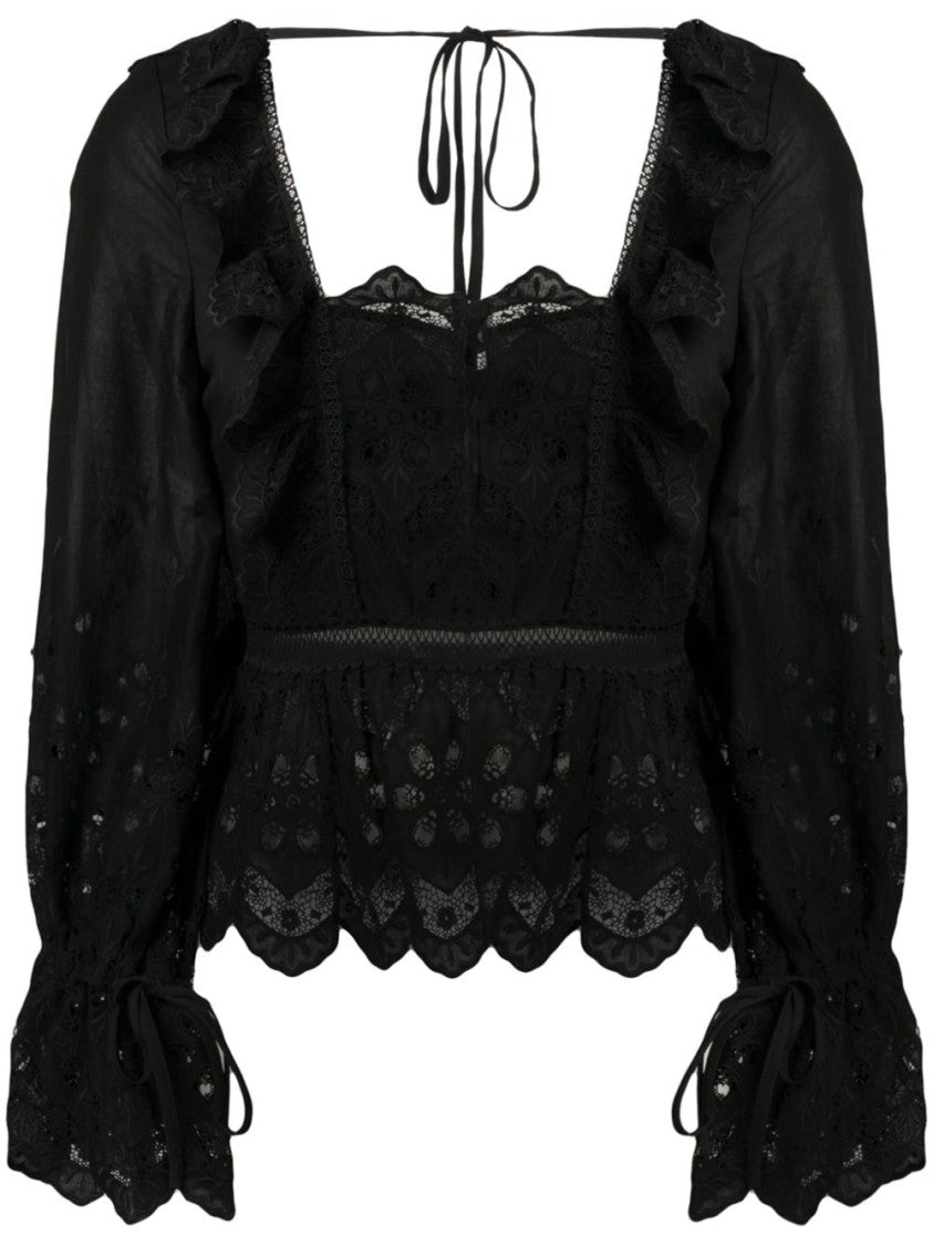 Self-Portrait Black Macramè Shirt With Floral Lace Patterns