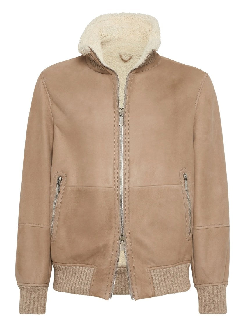 Brunello Cucinelli Suede-Like Shearling Jacket With Ribbed Detailing