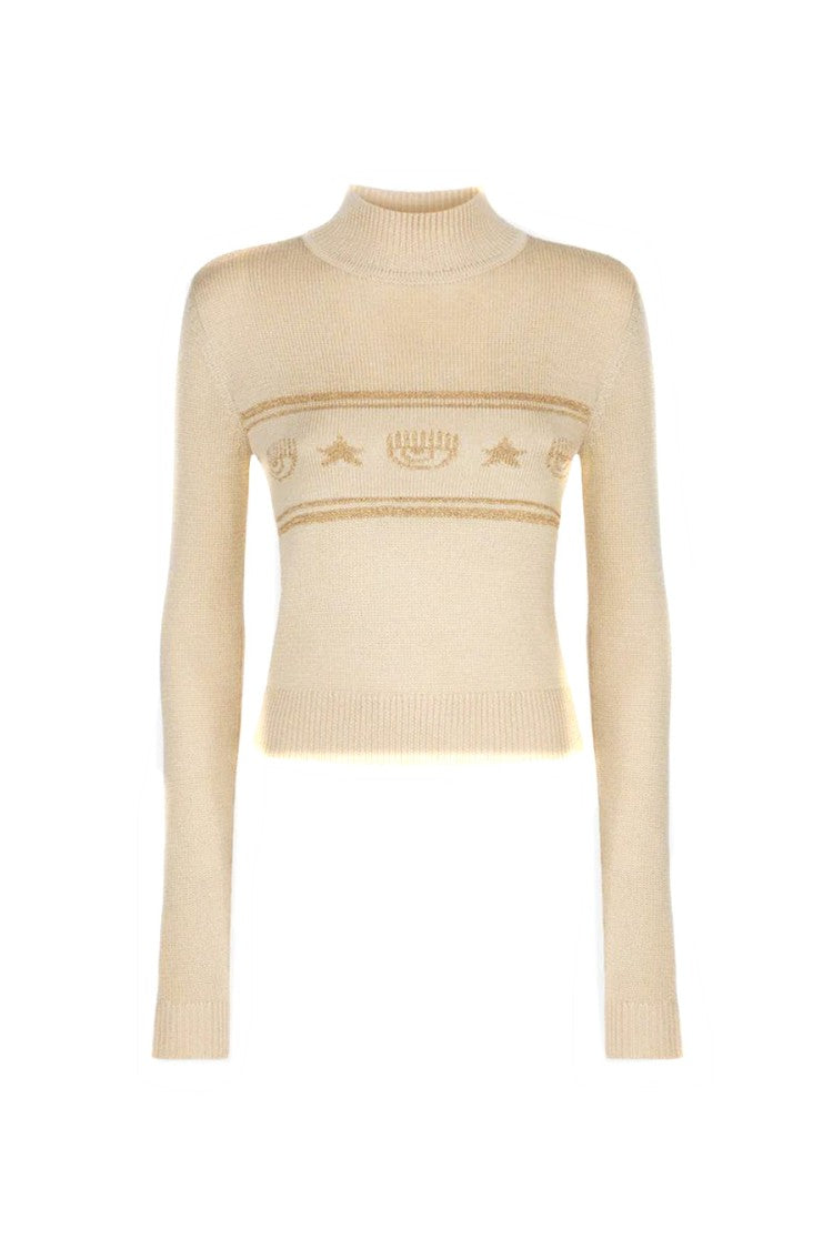 Chiara Ferragni Cropped Multicolor Sweater High Neckline Ribbed